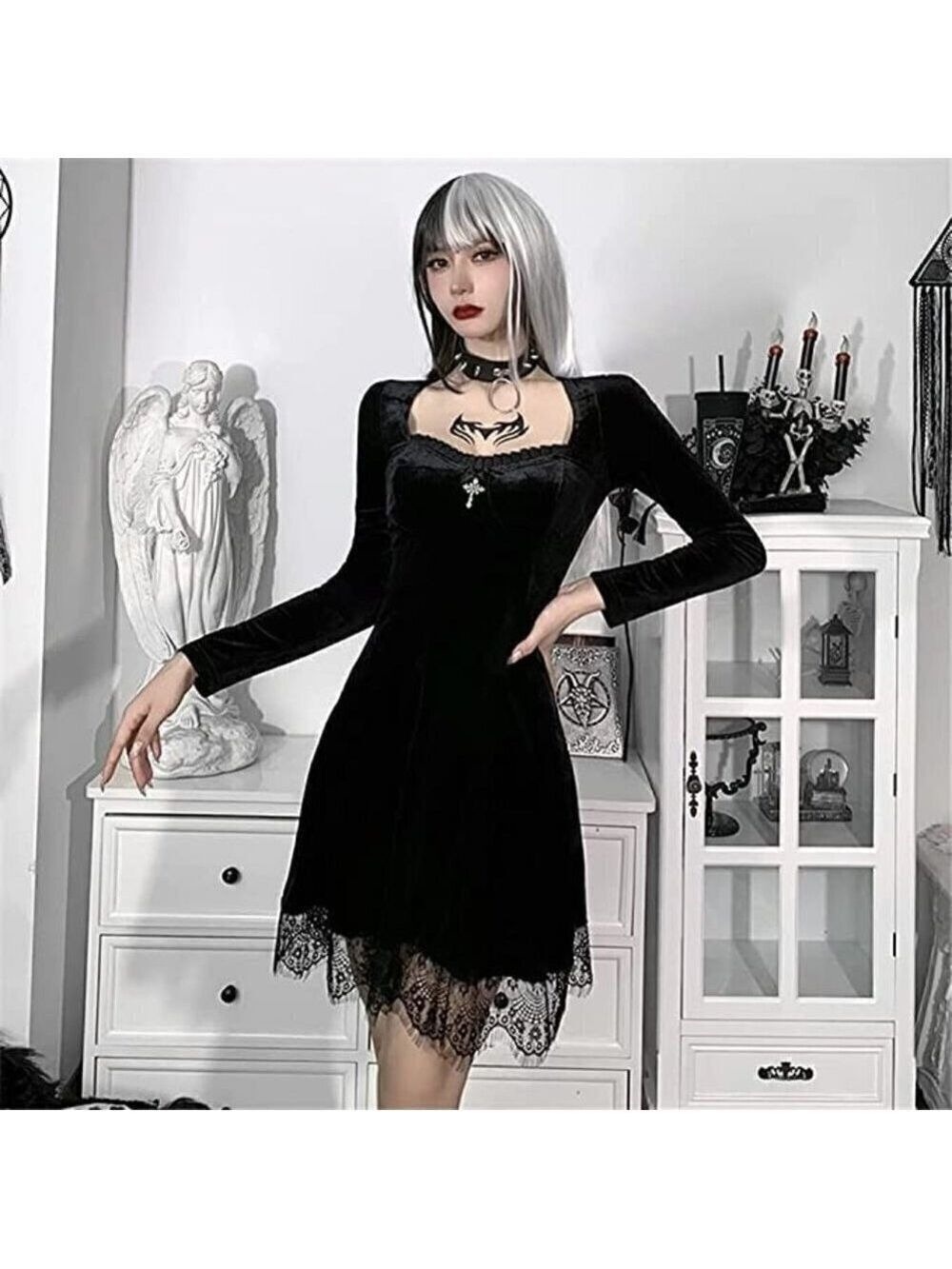 LACE Long Sleeve Dress Black Draped Bodycon Goth Vintage Style Halloween Costume
